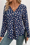 Dotted Print Button Front V Neck Blouse