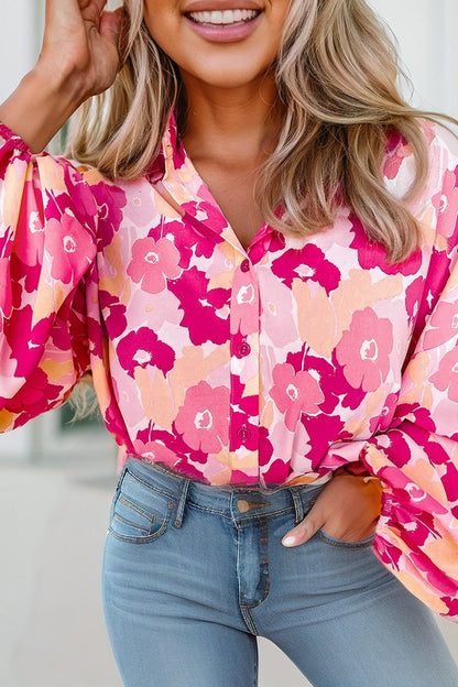 Blooming Floral Print Puff Sleeve Buttoned Shirt