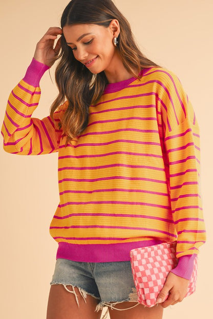 Stripe Round Neck Drop Shoulder Loose Sweater