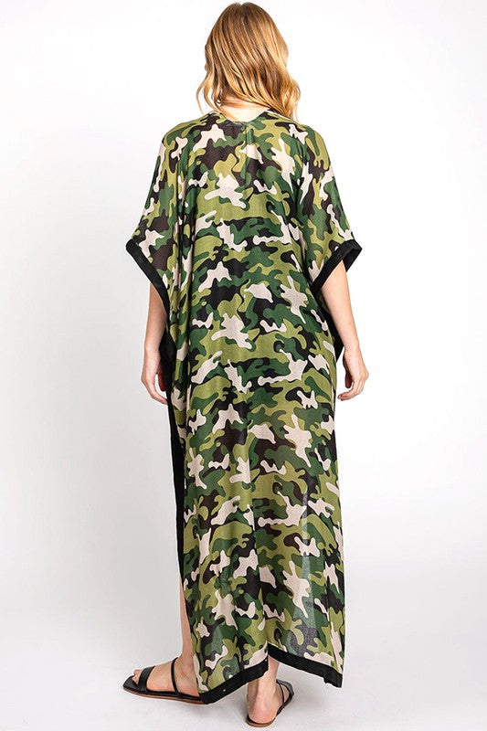 Camouflage Printed Extra Long Kimono Cardigan