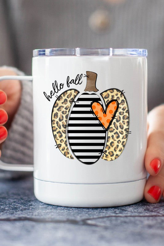 Hello Fall Striped Leopard Pumpkin Travel Cup