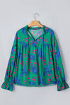 Abstract Floral Bird V-Neck Flounced Puff Sleeve Blouse