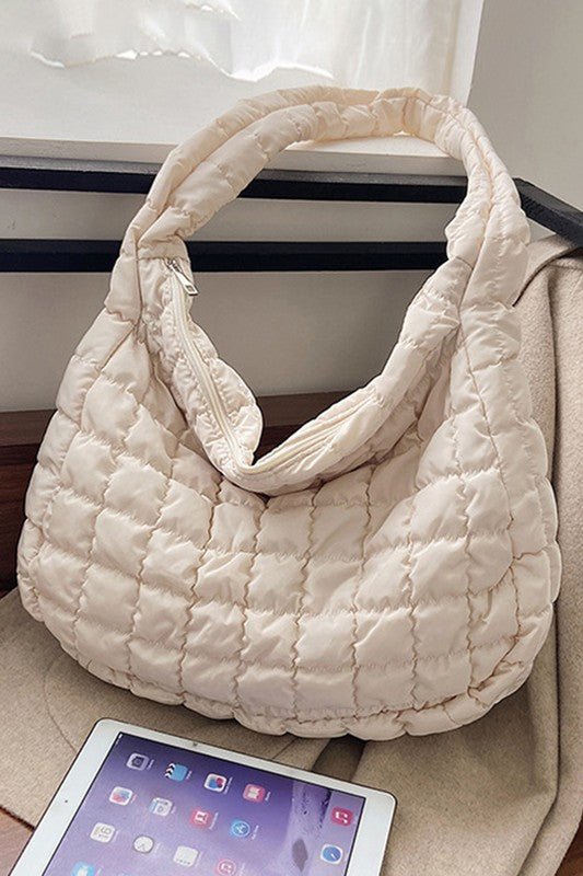 Beige Quilted Zipper Large Jennie Shoulder Bag - KOKOTETE