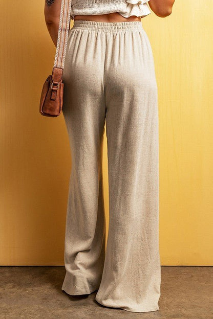 Beige Viscose Linen floor length wide leg pants - KOKOTETE