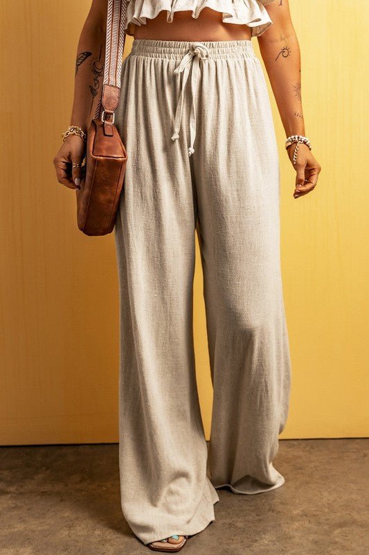 Beige Viscose Linen floor length wide leg pants - KOKOTETE