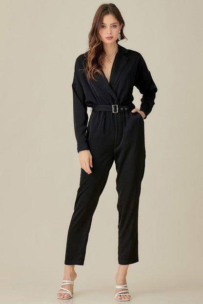 Belted Waist Collared Satin Jumpsuit - KOKOTETE