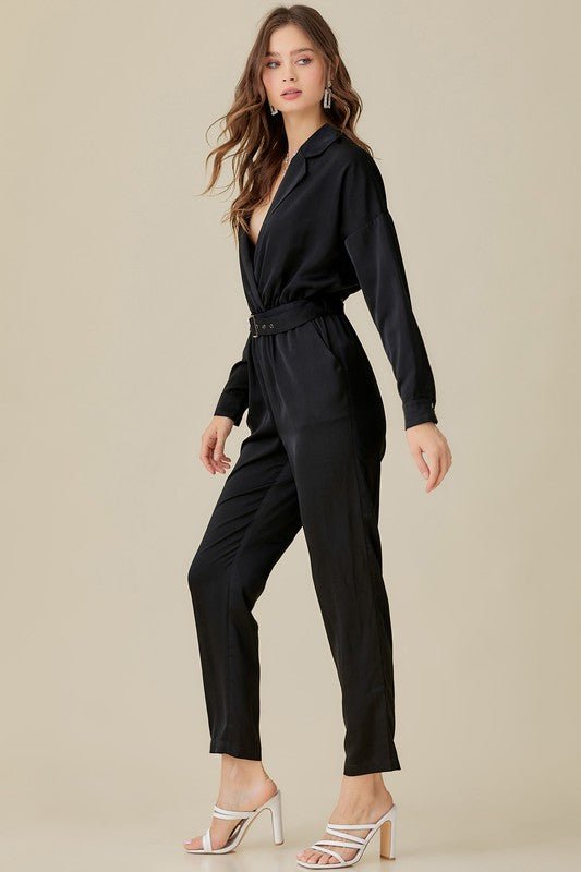 Belted Waist Collared Satin Jumpsuit - KOKOTETE