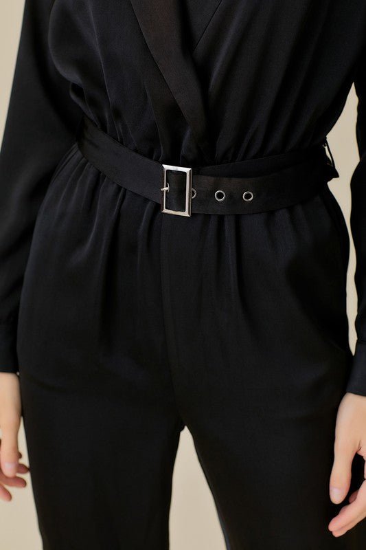 Belted Waist Collared Satin Jumpsuit - KOKOTETE