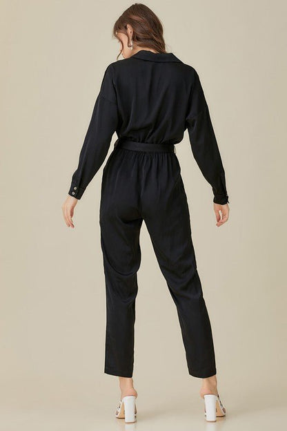 Belted Waist Collared Satin Jumpsuit - KOKOTETE