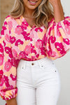 Blooming Floral Print Puff Sleeve Buttoned Shirt - KOKOTETE