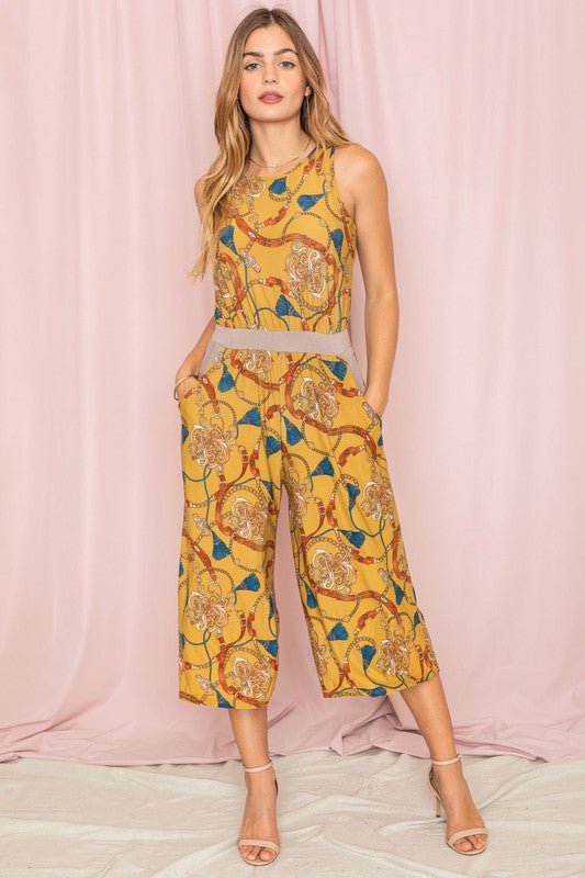 Blouson Chain Tassel Print Cropped Jumpsuit - KOKOTETE