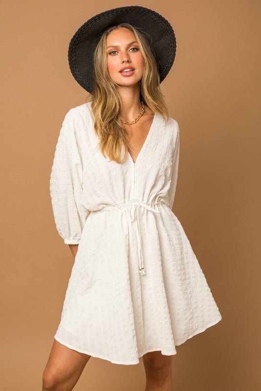 Blouson Seersucker Batwing Dress - KOKOTETE