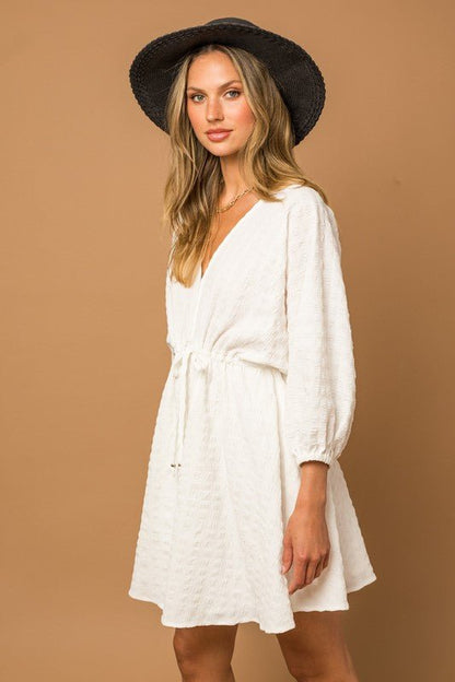 Blouson Seersucker Batwing Dress - KOKOTETE