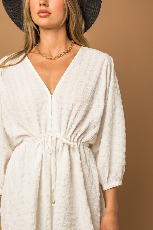 Blouson Seersucker Batwing Dress - KOKOTETE