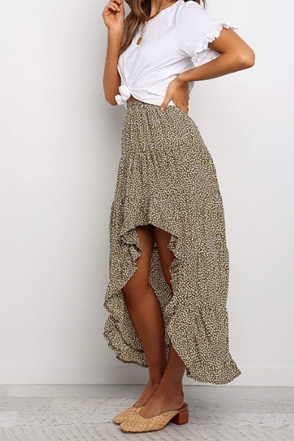 Boho Floral Print Midi Skirt Casual Side Slit Skir - KOKOTETE