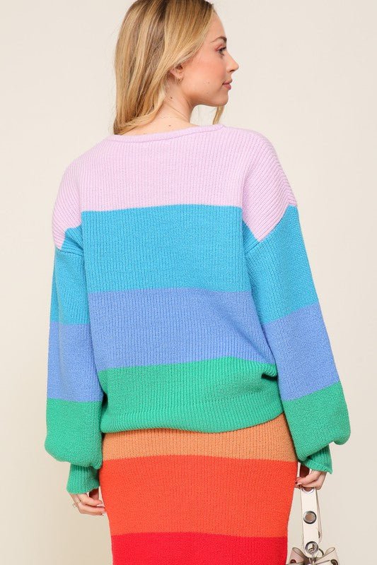 Bold Rainbow Stripe Oversized Chunky Knit Pullover - KOKOTETE