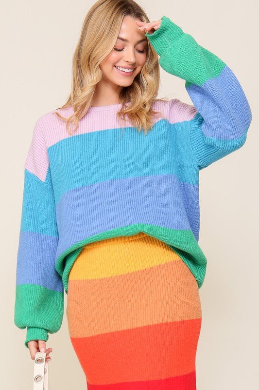 Bold Rainbow Stripe Oversized Chunky Knit Pullover - KOKOTETE