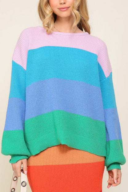 Bold Rainbow Stripe Oversized Chunky Knit Pullover - KOKOTETE