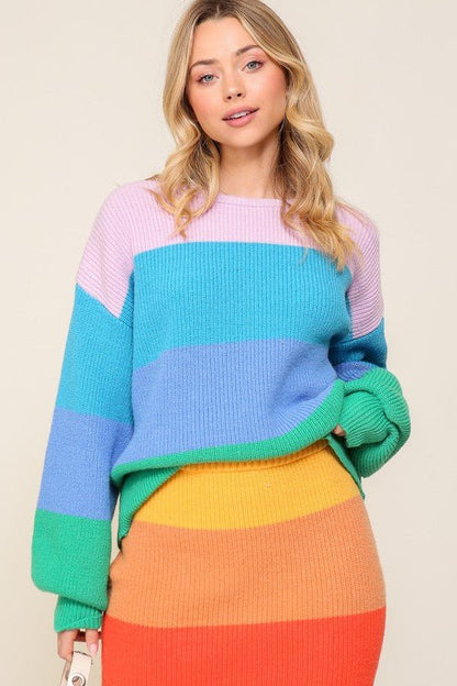 Bold Rainbow Stripe Oversized Chunky Knit Pullover - KOKOTETE