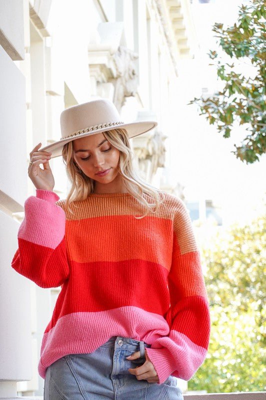 Bold Rainbow Stripe Oversized Chunky Knit Pullover - KOKOTETE