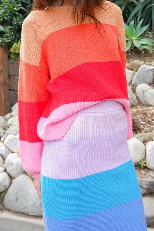 Bold Rainbow Stripe Oversized Chunky Knit Pullover - KOKOTETE