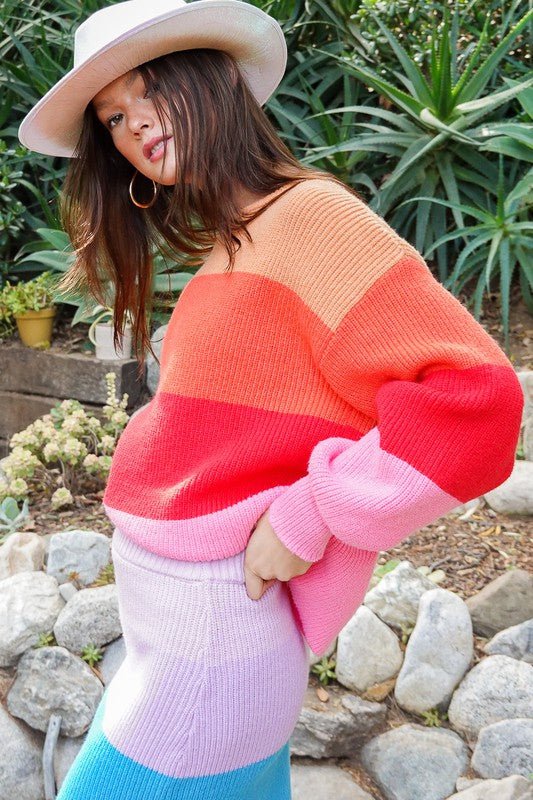 Bold Rainbow Stripe Oversized Chunky Knit Pullover - KOKOTETE