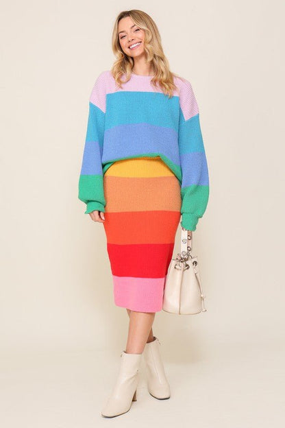 Bold Rainbow Stripe Oversized Chunky Knit Pullover - KOKOTETE