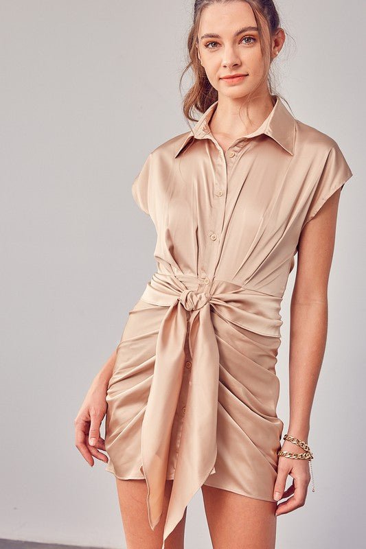 Collar Button Up Front Tie Dress - KOKOTETE