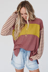 Color block stripe lantern sleeve side slit tunic - KOKOTETE