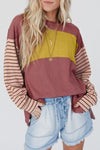 Color block stripe lantern sleeve side slit tunic - KOKOTETE