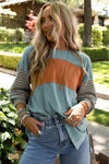 Color block stripe lantern sleeve side slit tunic - KOKOTETE