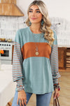 Colorblock Striped Bishop Sleeve Side Slits Top - KOKOTETE