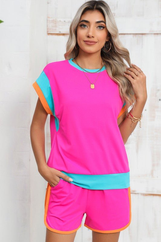 Contrast Trim Cap Sleeve Tee Shorts Set - KOKOTETE