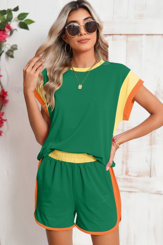 Contrast Trim Cap Sleeve Tee Shorts Set - KOKOTETE