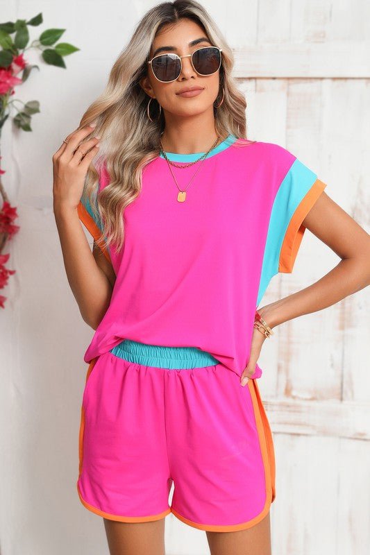 Contrast Trim Cap Sleeve Tee Shorts Set - KOKOTETE