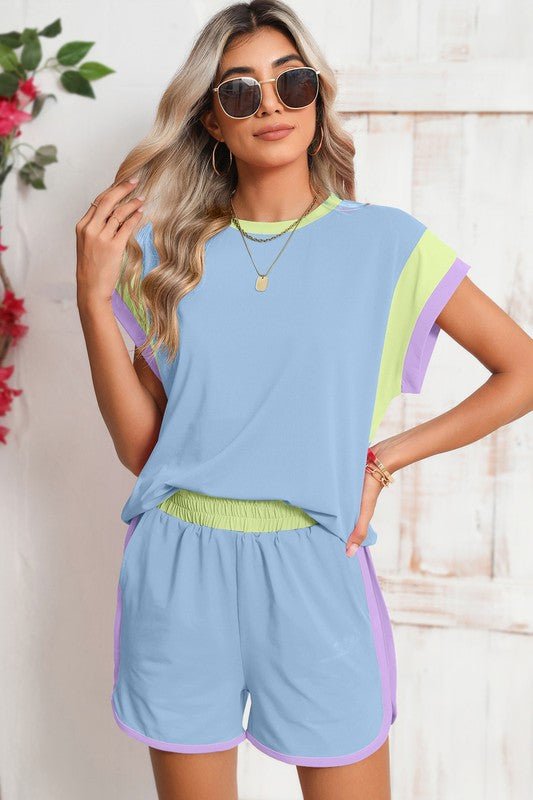 Contrast Trim Cap Sleeve Tee Shorts Set - KOKOTETE