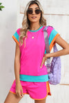 Contrast Trim Cap Sleeve Tee Shorts Set - KOKOTETE