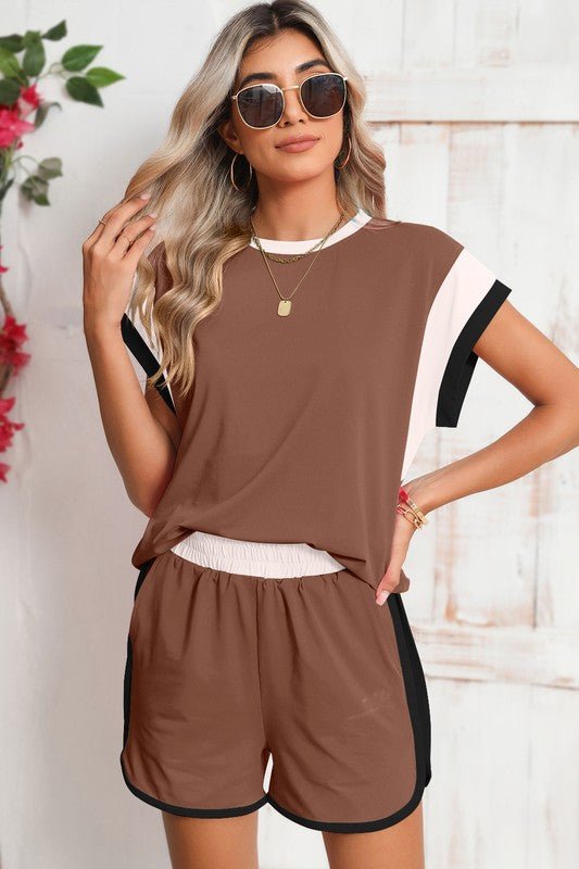 Contrast Trim Cap Sleeve Tee Shorts Set - KOKOTETE