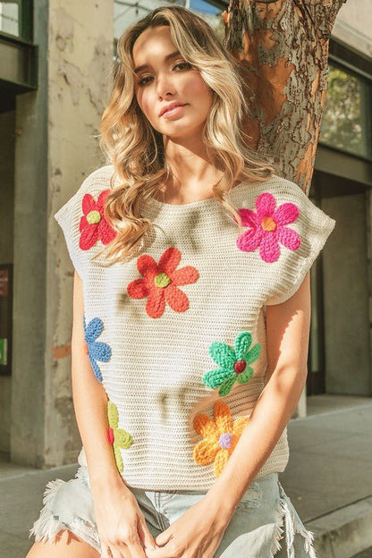 Crochet Flower Embroidery Knit Top - KOKOTETE