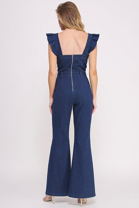 DENIM RUFFLE FLARE LEG JUMPSUIT - KOKOTETE