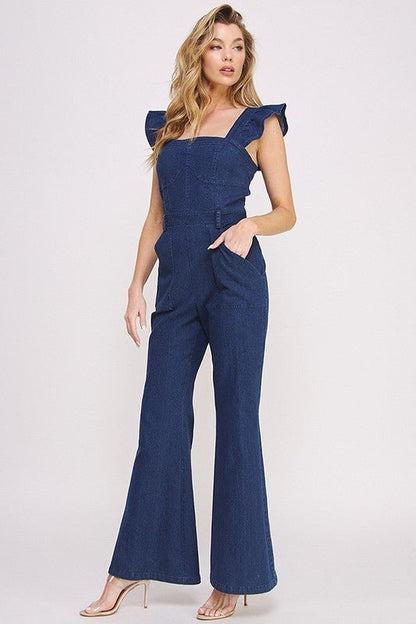 DENIM RUFFLE FLARE LEG JUMPSUIT - KOKOTETE