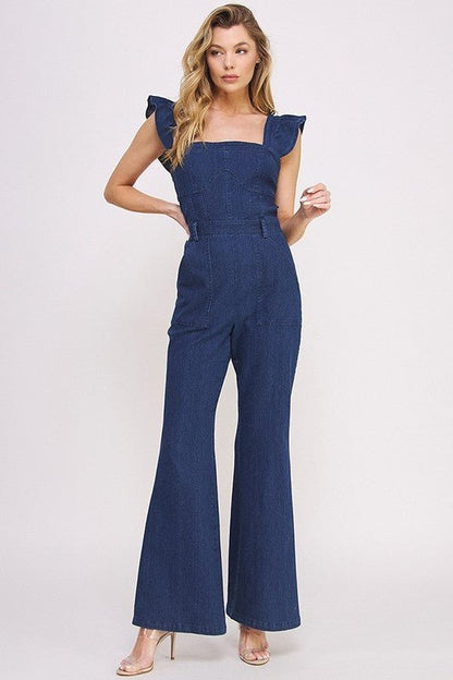 DENIM RUFFLE FLARE LEG JUMPSUIT - KOKOTETE