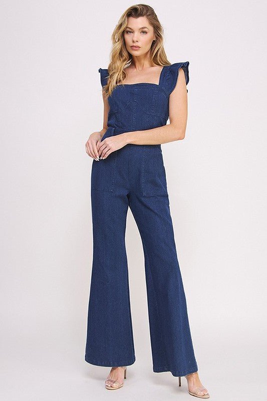 DENIM RUFFLE FLARE LEG JUMPSUIT - KOKOTETE