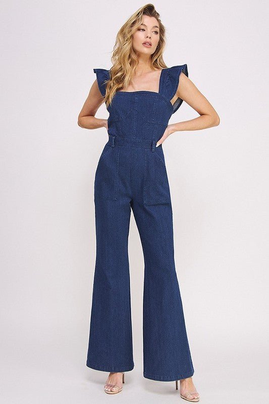 DENIM RUFFLE FLARE LEG JUMPSUIT - KOKOTETE