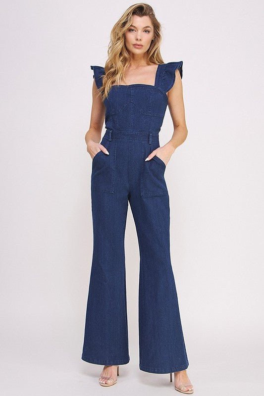 DENIM RUFFLE FLARE LEG JUMPSUIT - KOKOTETE