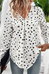 Dotted Print Button Front V Neck Blouse - KOKOTETE