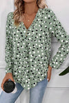 Dotted Print Button Front V Neck Blouse - KOKOTETE