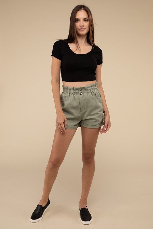 Double Buttoned Waistband Denim Shorts - KOKOTETE