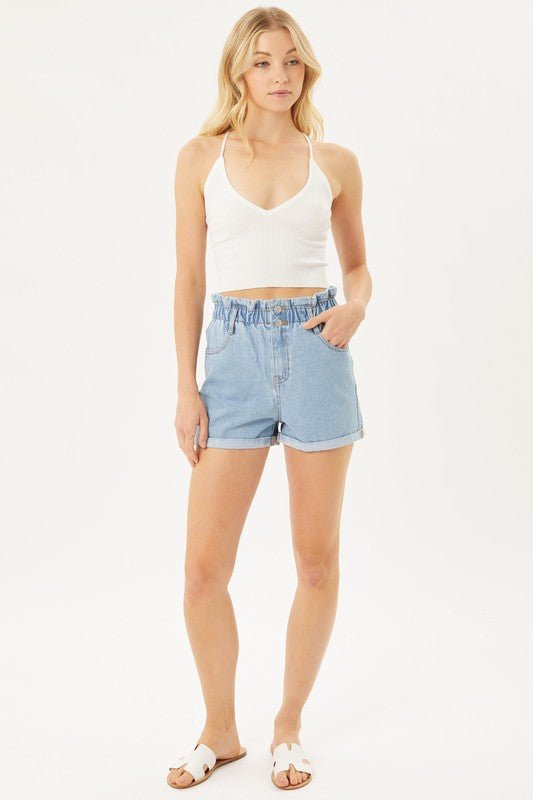 Double Buttoned Waistband Denim Shorts - KOKOTETE