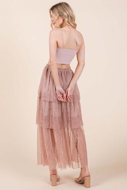 Elastic Waisted Embossed Mesh Tiered Ruffle Skirt - KOKOTETE